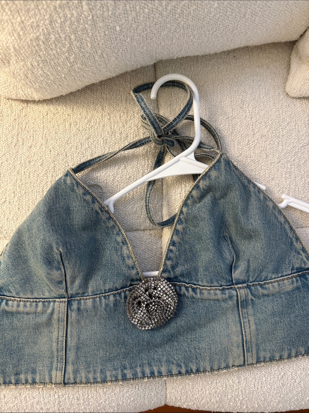 Zara Denim Halter Crop Top with Rhinestone Brooch - Blue